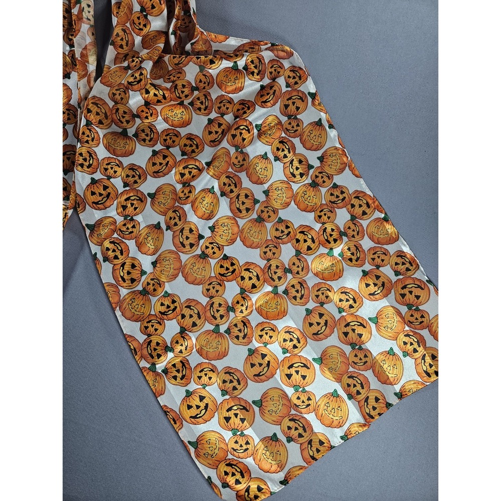 Halloween Jack O Lantern Pumpkin Scarf Orange White Chiffon Lightweight Holiday - Picture 3 of 6